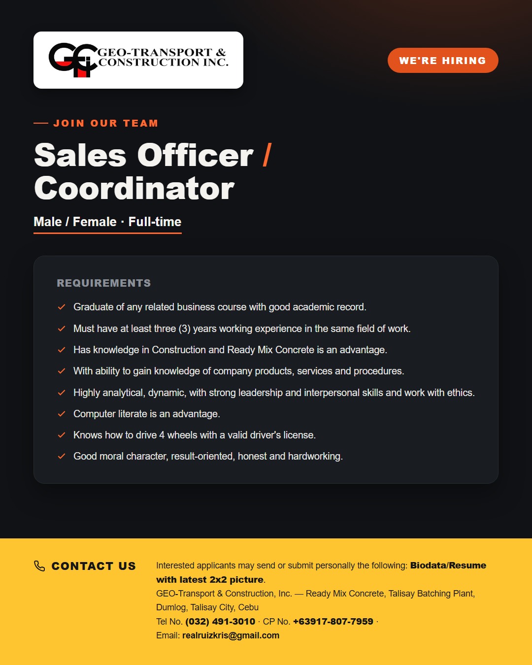 Geo-Transport & Construction Inc. hiring flyer for Sales Officer / Coordinator
